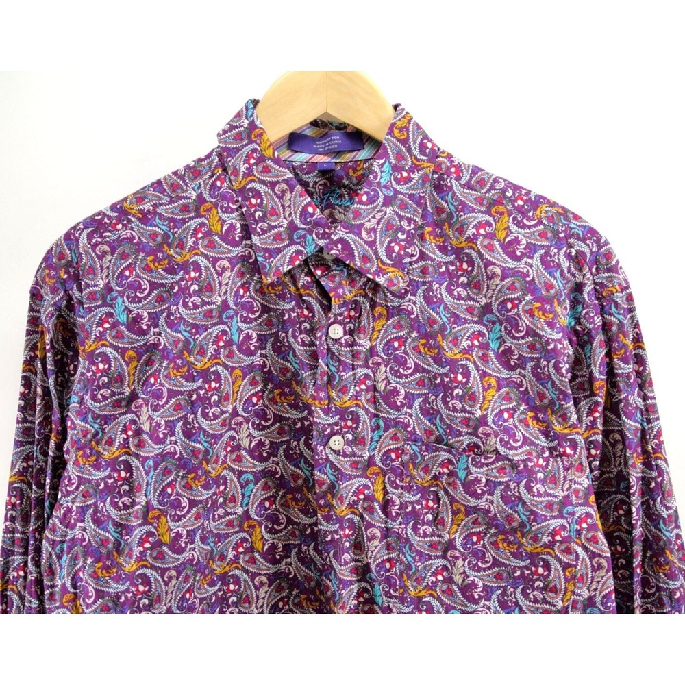 Alan Flusser Mens L Purple Paisley Button Up Long Sleeve Dress Shirt Contrast BL
